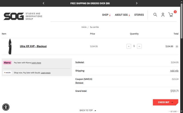 SOG Knives checkout page showing SOG Knives coupon code box | Screenshot taken by SimplyCodes community member on Aug 9, 2025