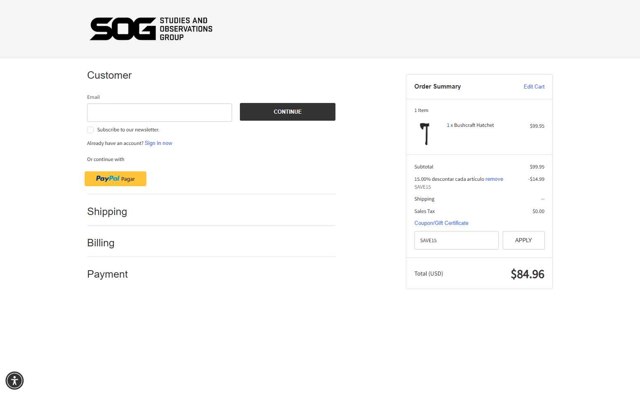 SOG Knives checkout page showing SOG Knives coupon code box | Screenshot taken by SimplyCodes community member on Aug 24, 2025
