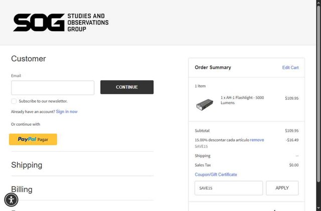 SOG Knives checkout page showing SOG Knives coupon code box | Screenshot taken by SimplyCodes community member on Aug 2, 2025