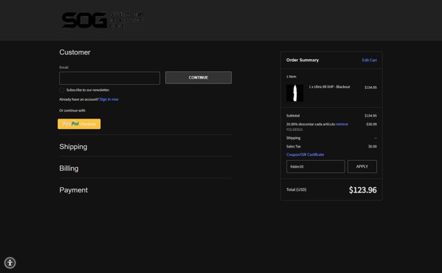 SOG Knives checkout page showing SOG Knives coupon code box | Screenshot taken by SimplyCodes community member on Aug 6, 2025