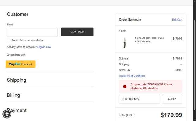 SOG Knives checkout page showing SOG Knives coupon code box | Screenshot taken by SimplyCodes community member on Jul 25, 2025