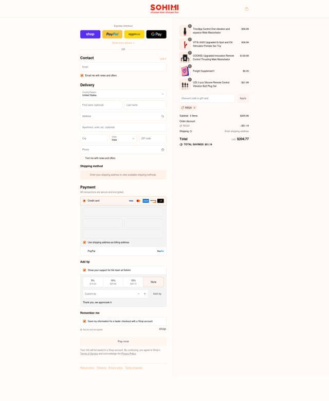 Sohimi checkout page showing Sohimi promo code box | Screenshot taken by SimplyCodes community member on Sep 2, 2025