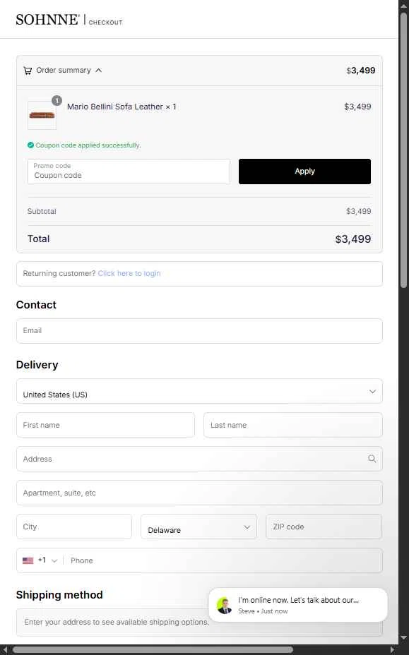 Sohnne checkout page showing Sohnne coupon code box | Screenshot taken by SimplyCodes community member on Dec 10, 2025