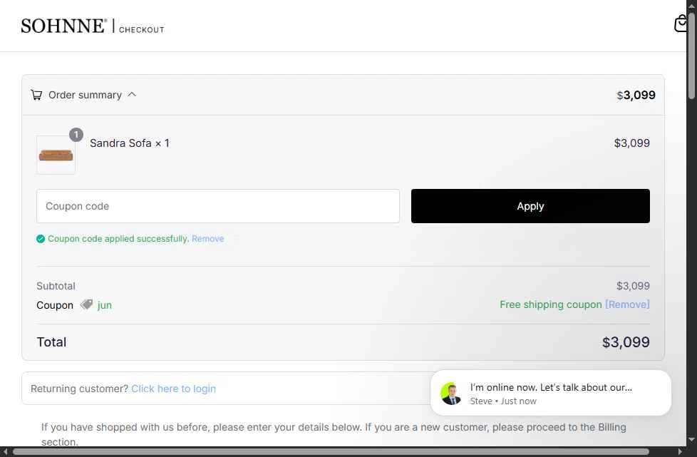 Sohnne checkout page showing Sohnne coupon code box | Screenshot taken by SimplyCodes community member on Jan 2, 2026
