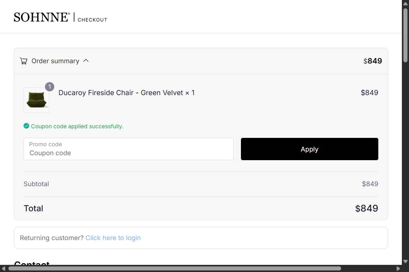 Sohnne checkout page showing Sohnne coupon code box | Screenshot taken by SimplyCodes community member on Jan 8, 2026