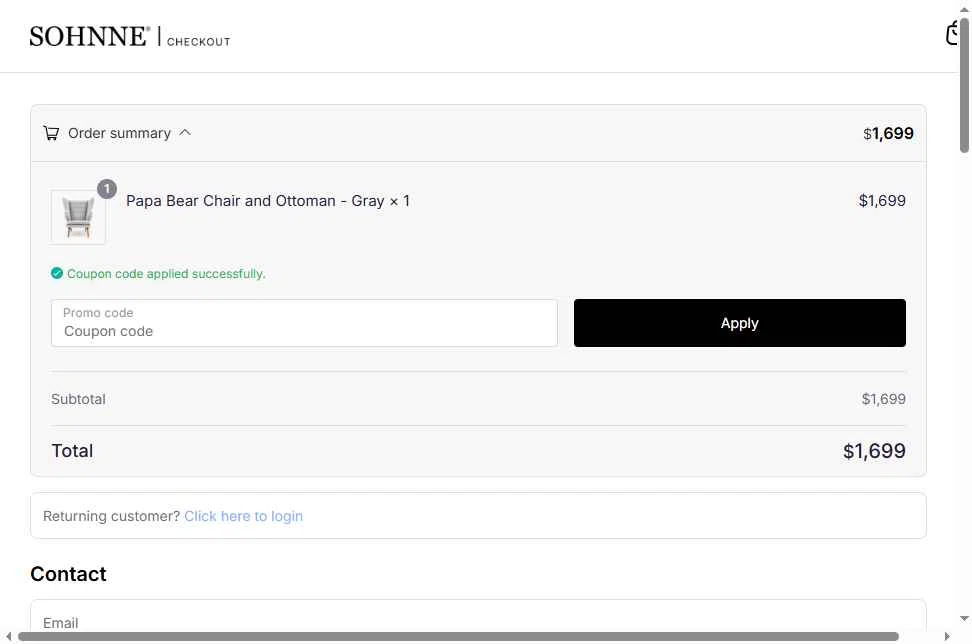 Sohnne checkout page showing Sohnne coupon code box | Screenshot taken by SimplyCodes community member on Dec 23, 2025
