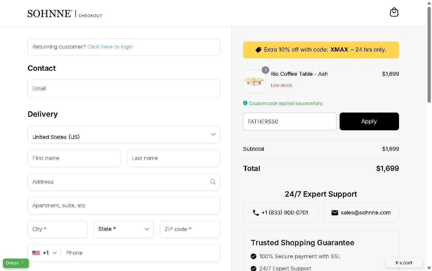 Sohnne checkout page showing Sohnne coupon code box | Screenshot taken by SimplyCodes community member on Dec 15, 2025