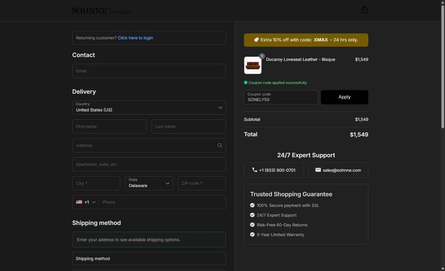 Sohnne checkout page showing Sohnne coupon code box | Screenshot taken by SimplyCodes community member on Jan 3, 2026