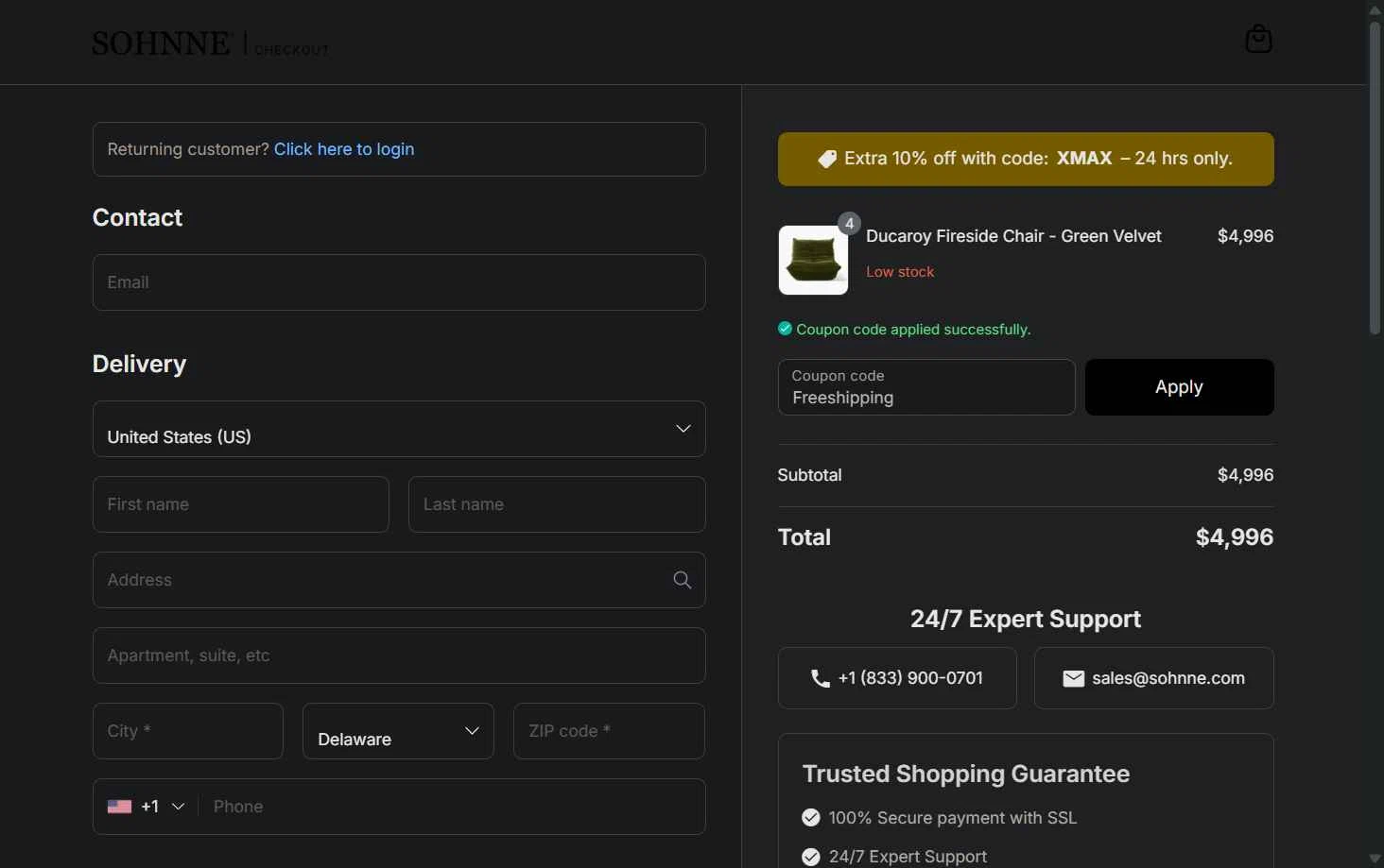 Sohnne checkout page showing Sohnne coupon code box | Screenshot taken by SimplyCodes community member on Dec 19, 2025