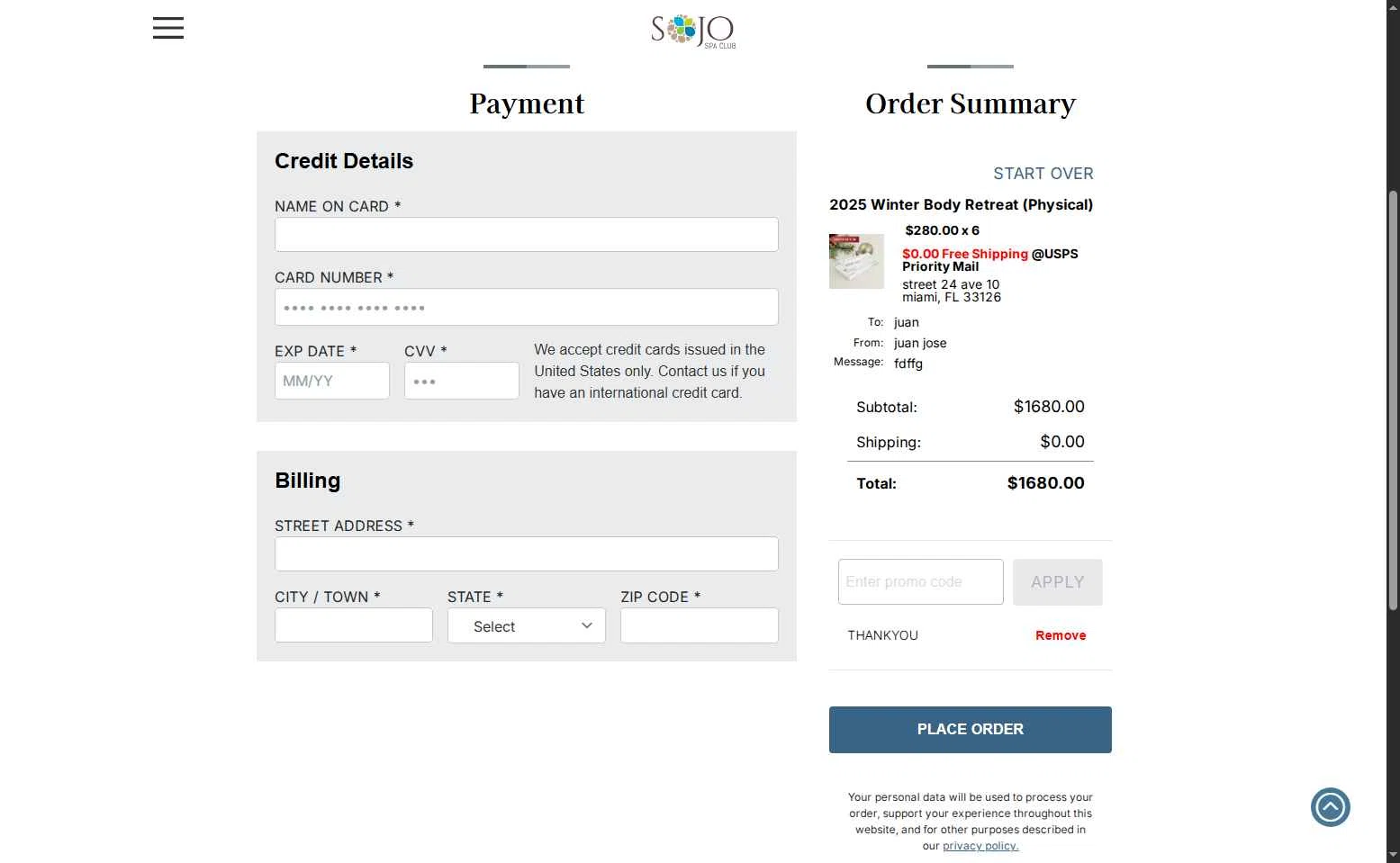SoJo Spa Club checkout page showing SoJo Spa Club discount code box | Screenshot taken by SimplyCodes community member on Dec 13, 2025