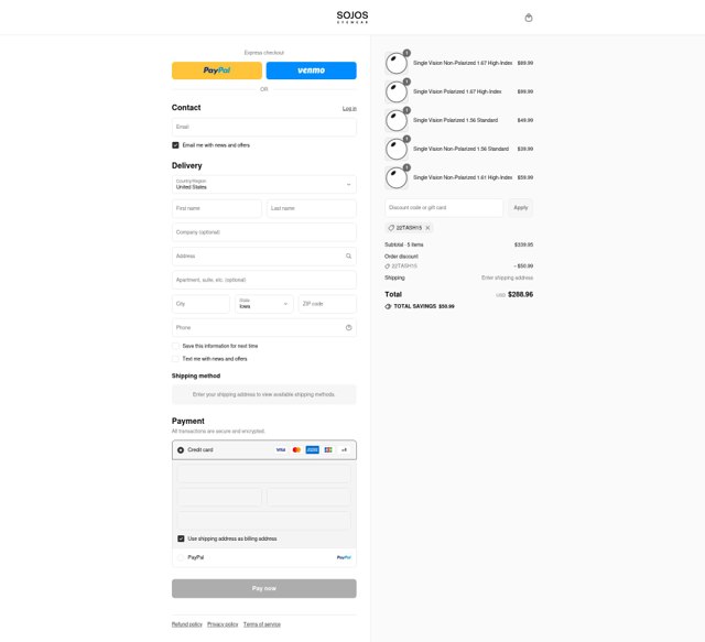 SOJOS VISION checkout page showing SOJOS VISION discount code box | Screenshot taken by SimplyCodes community member on Sep 3, 2025