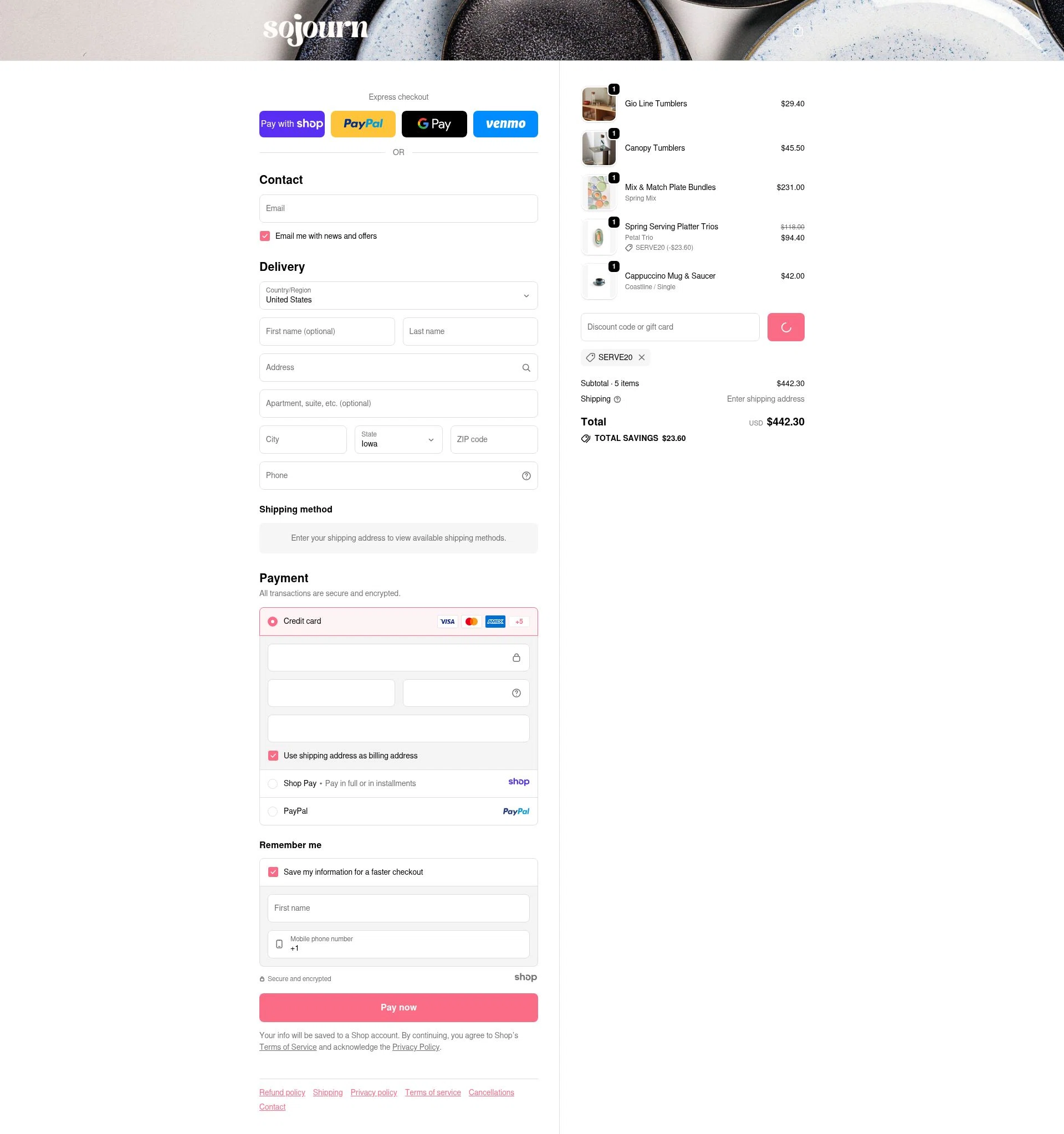 Sojourn Pottery checkout page showing Sojourn Pottery promo code box | Screenshot taken by SimplyCodes community member on Jan 7, 2026