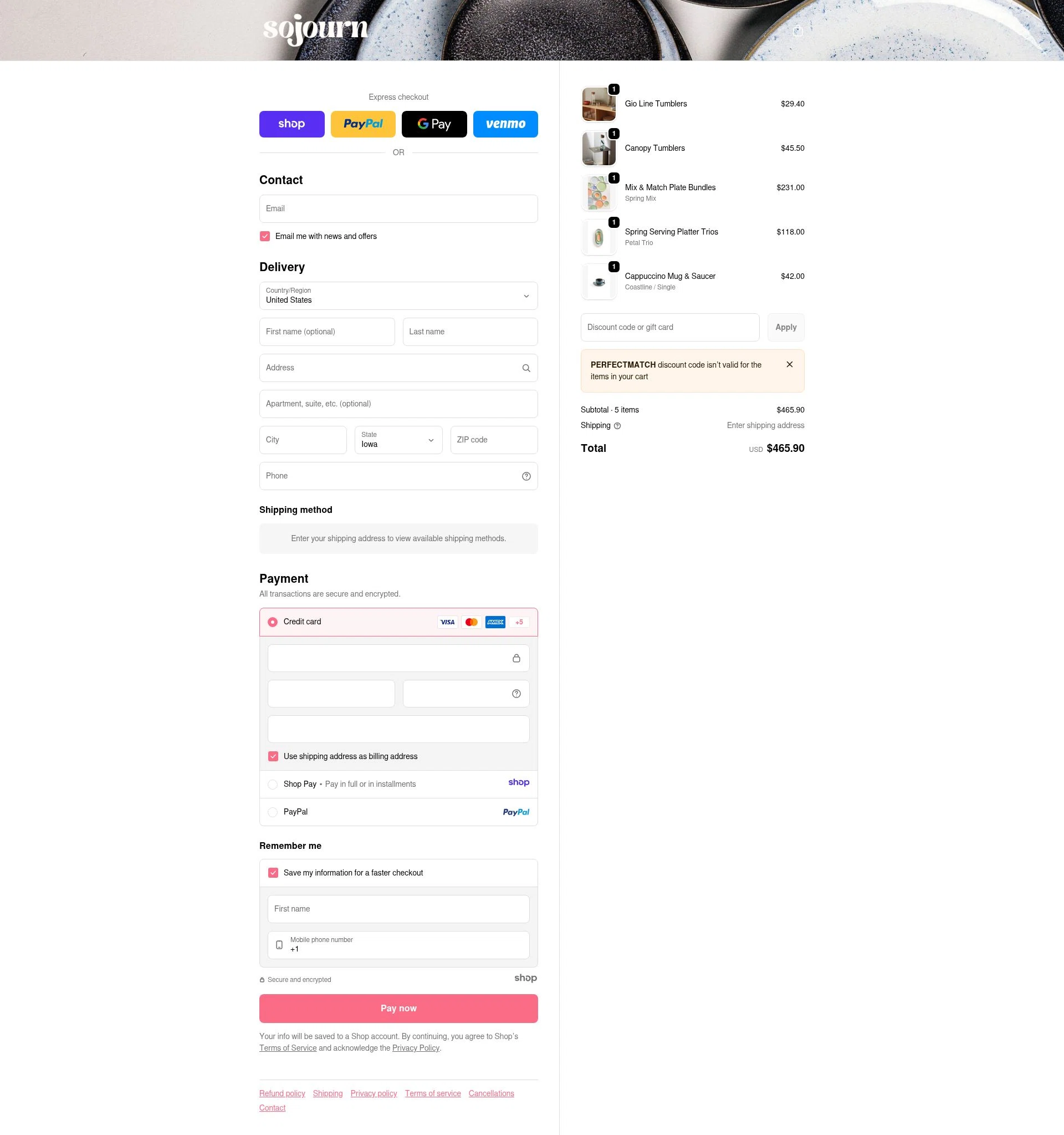 Sojourn Pottery checkout page showing Sojourn Pottery promo code box | Screenshot taken by SimplyCodes community member on Jan 7, 2026