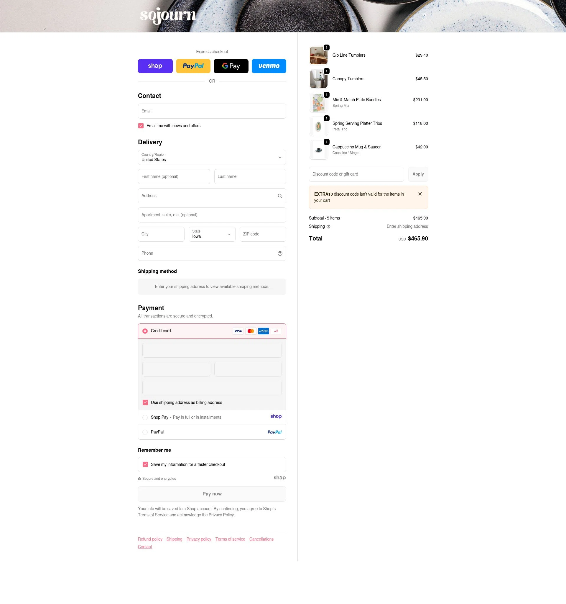 Sojourn Pottery checkout page showing Sojourn Pottery promo code box | Screenshot taken by SimplyCodes community member on Jan 2, 2026