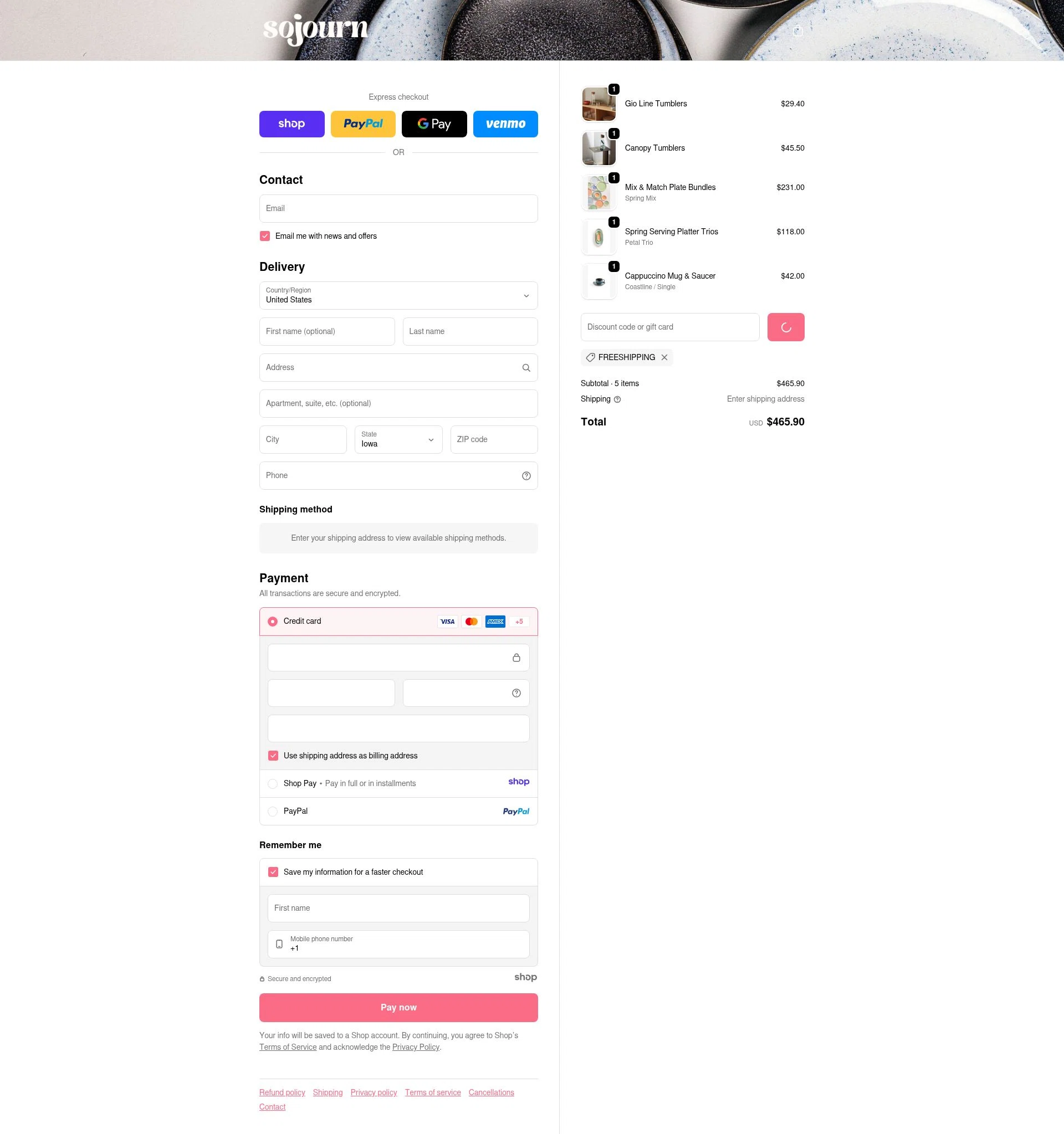 Sojourn Pottery checkout page showing Sojourn Pottery promo code box | Screenshot taken by SimplyCodes community member on Jan 2, 2026