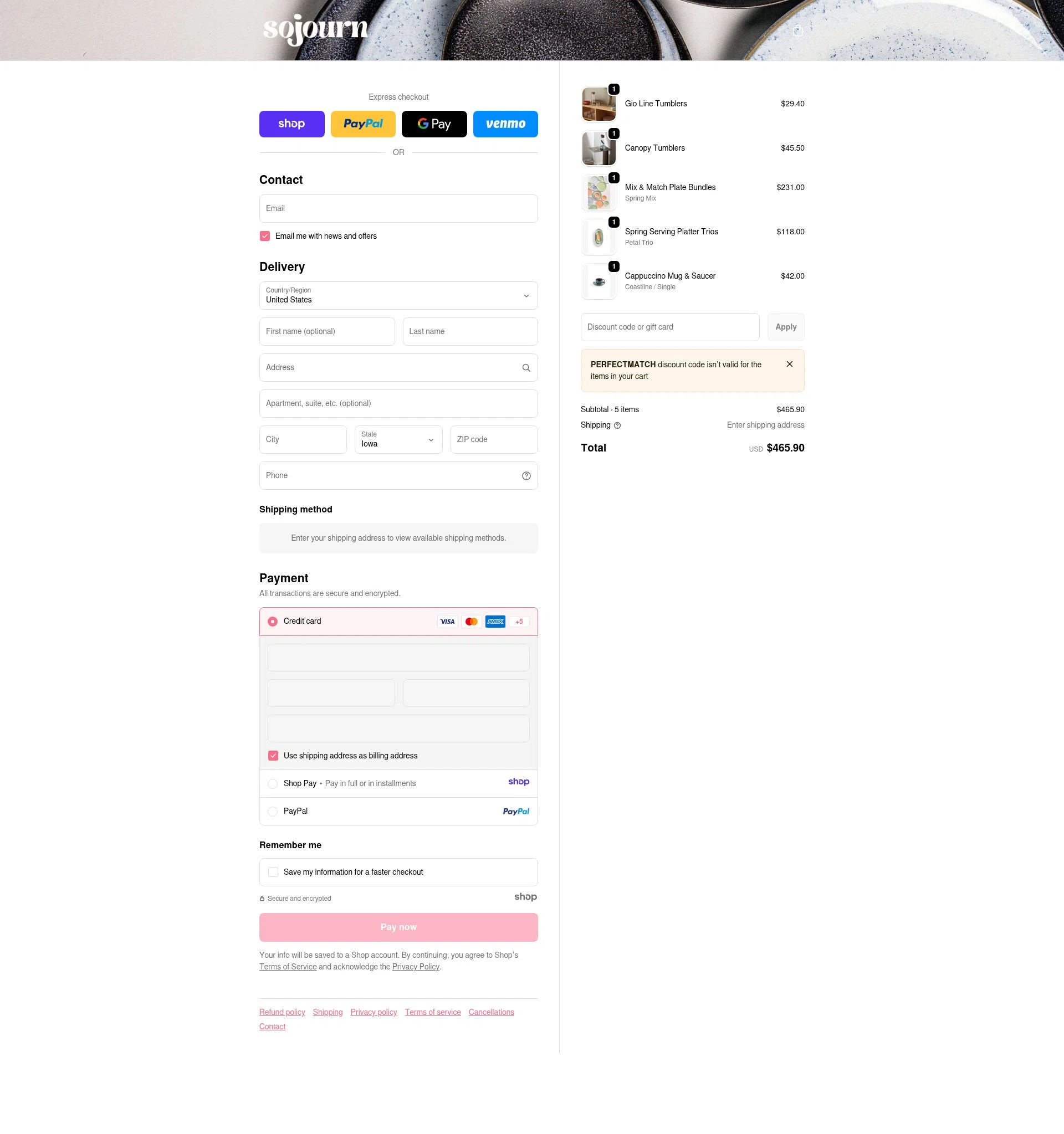 Sojourn Pottery checkout page showing Sojourn Pottery promo code box | Screenshot taken by SimplyCodes community member on Jan 2, 2026