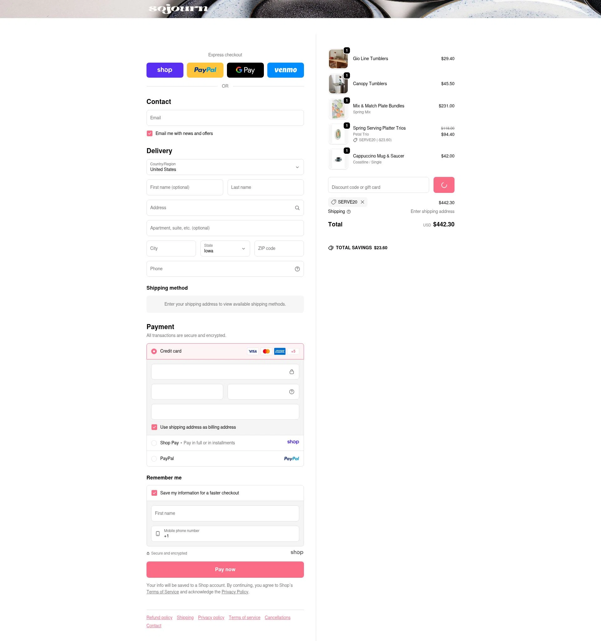 Sojourn Pottery checkout page showing Sojourn Pottery promo code box | Screenshot taken by SimplyCodes community member on Jan 2, 2026