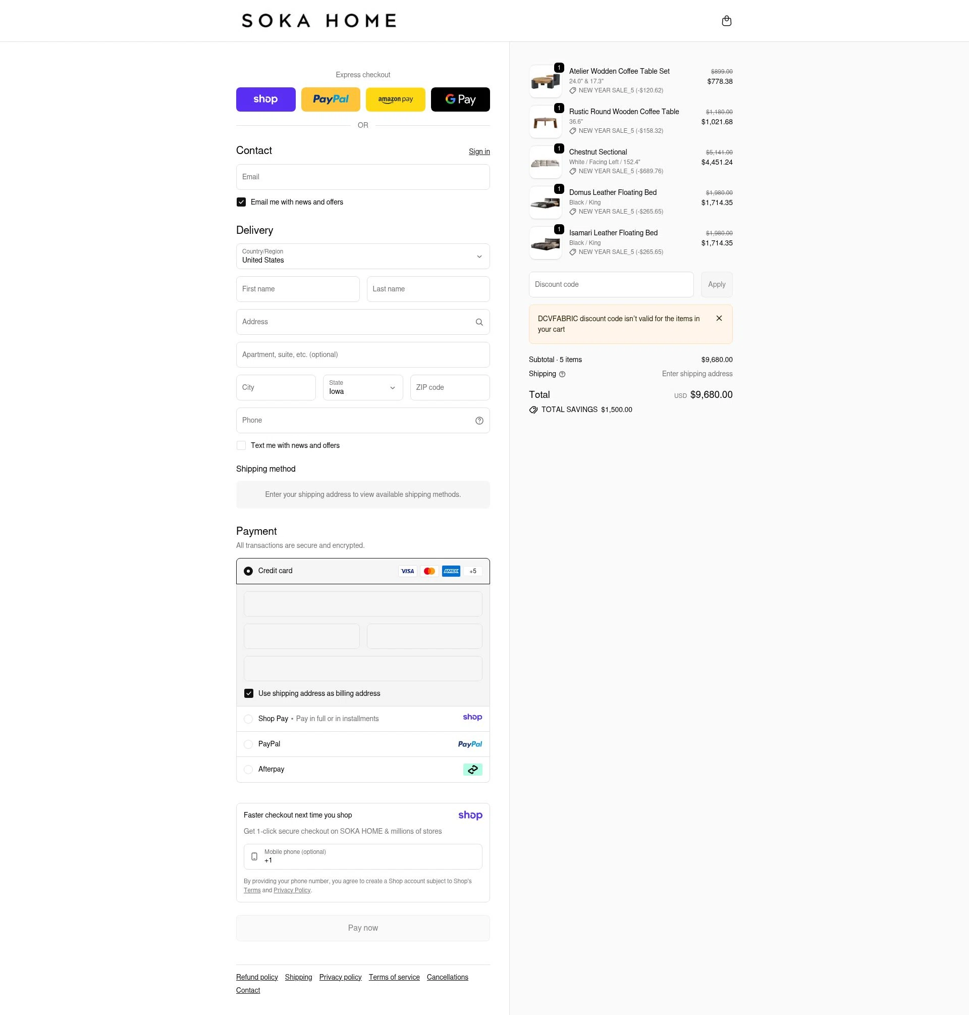 Soka Home checkout page showing Soka Home discount code box | Screenshot taken by SimplyCodes community member on Jan 7, 2026