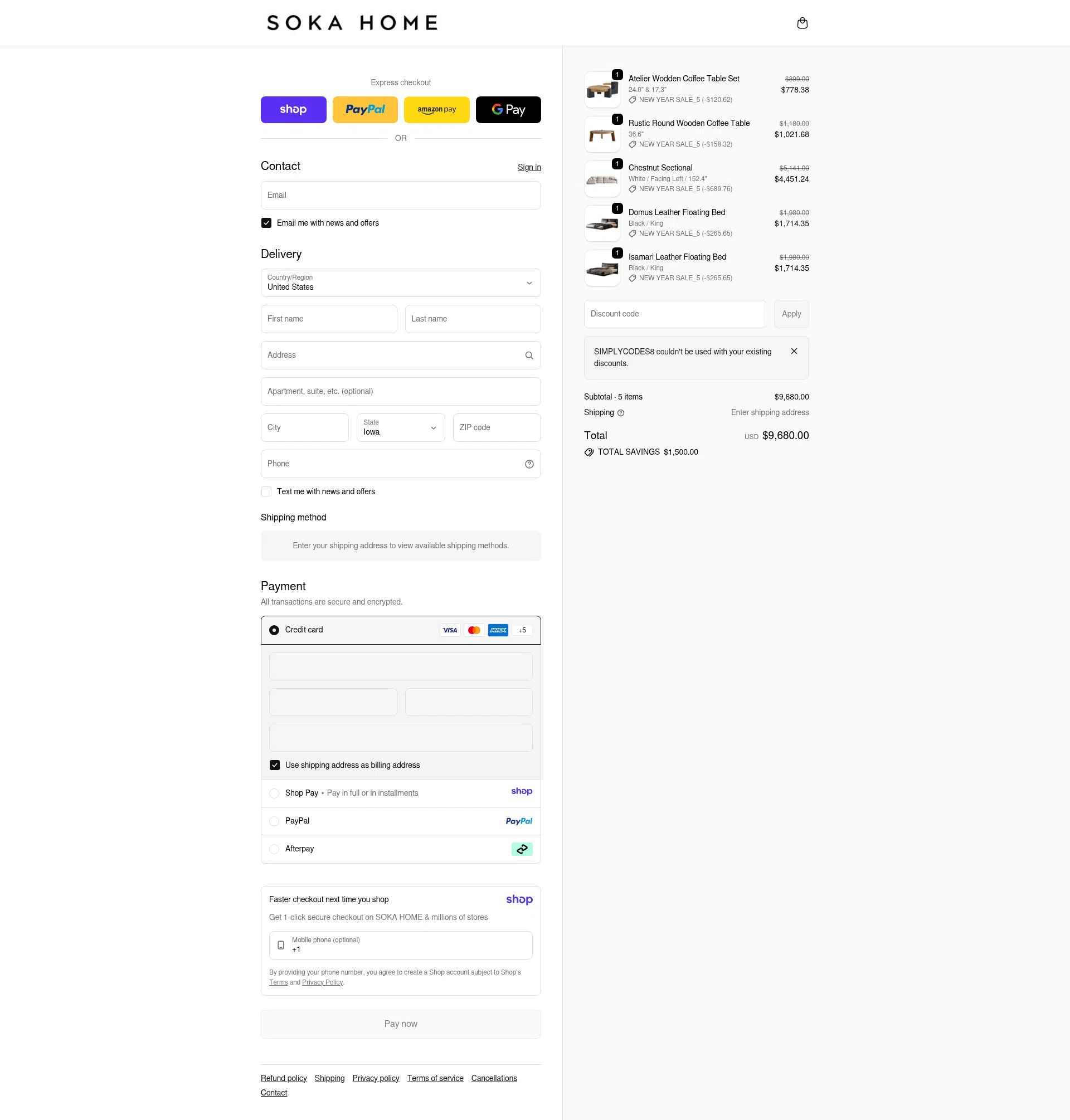 Soka Home checkout page showing Soka Home discount code box | Screenshot taken by SimplyCodes community member on Jan 7, 2026