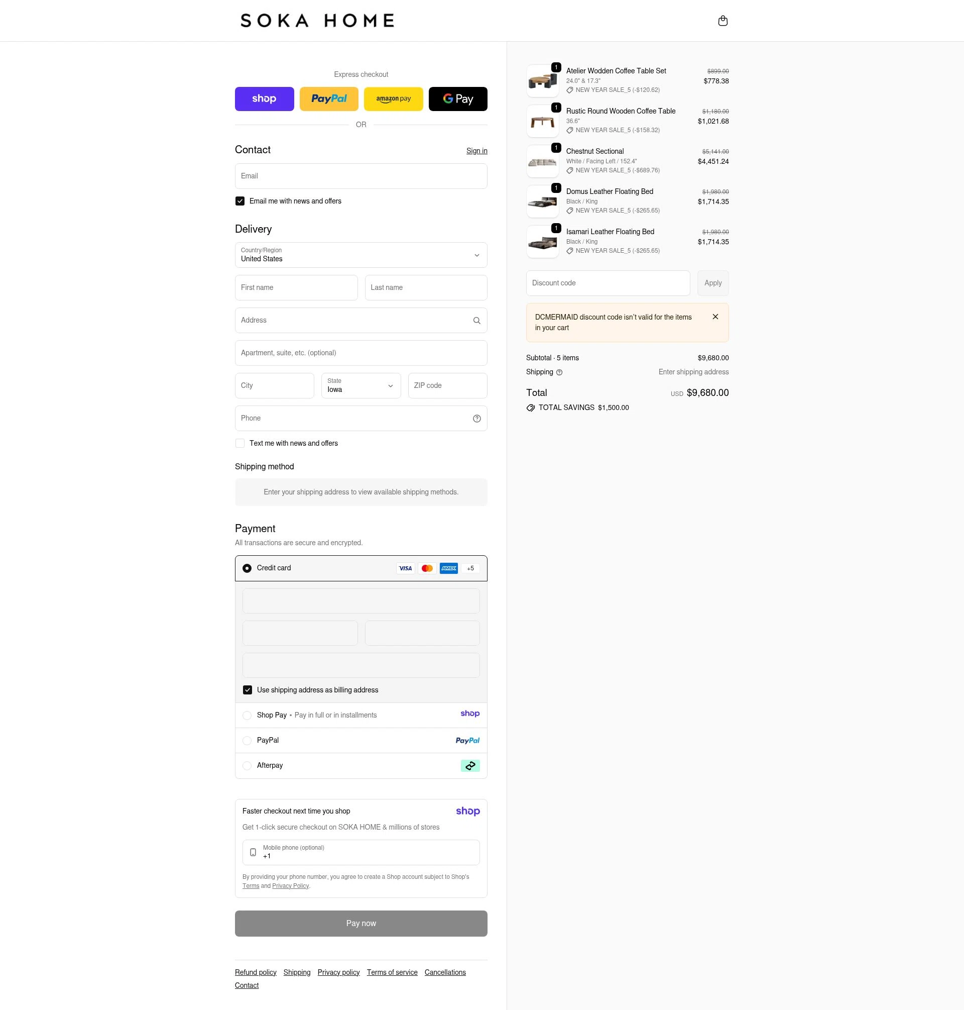 Soka Home checkout page showing Soka Home discount code box | Screenshot taken by SimplyCodes community member on Jan 7, 2026