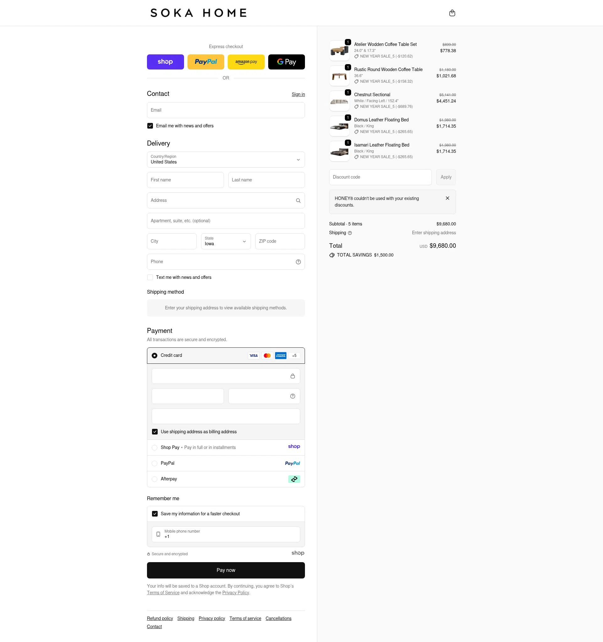 Soka Home checkout page showing Soka Home discount code box | Screenshot taken by SimplyCodes community member on Jan 7, 2026