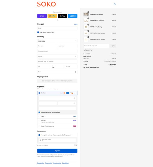 Soko checkout page showing Soko promo code box | Screenshot taken by SimplyCodes community member on Sep 4, 2025