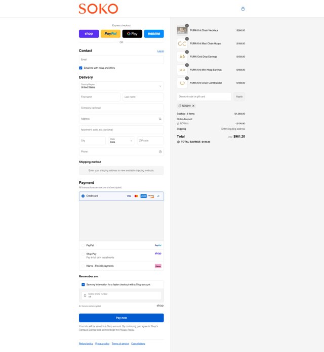 Soko checkout page showing Soko promo code box | Screenshot taken by SimplyCodes community member on Sep 4, 2025