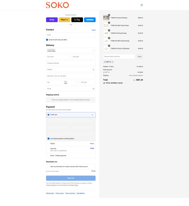 Soko checkout page showing Soko promo code box | Screenshot taken by SimplyCodes community member on Sep 4, 2025
