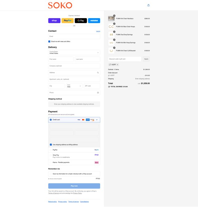Soko checkout page showing Soko promo code box | Screenshot taken by SimplyCodes community member on Sep 4, 2025