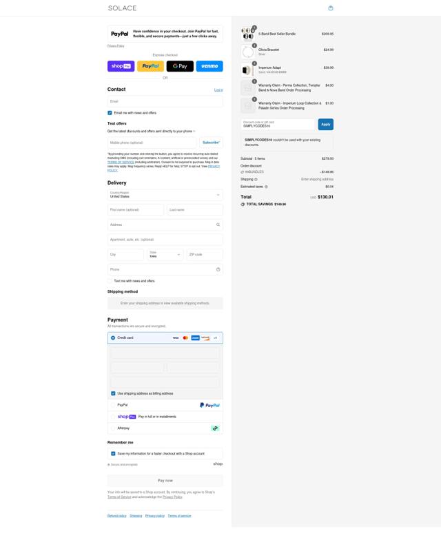 Solace Bands checkout page showing Solace Bands discount code box | Screenshot taken by SimplyCodes community member on Aug 11, 2025