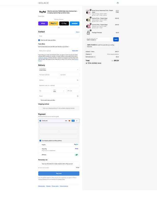 Solace Bands checkout page showing Solace Bands discount code box | Screenshot taken by SimplyCodes community member on Sep 10, 2025