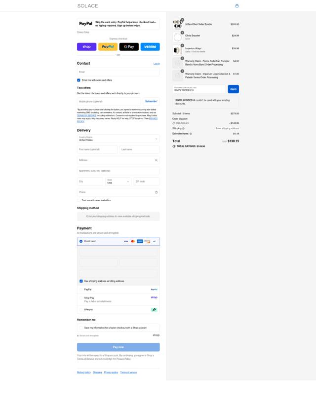Solace Bands checkout page showing Solace Bands discount code box | Screenshot taken by SimplyCodes community member on Aug 29, 2025