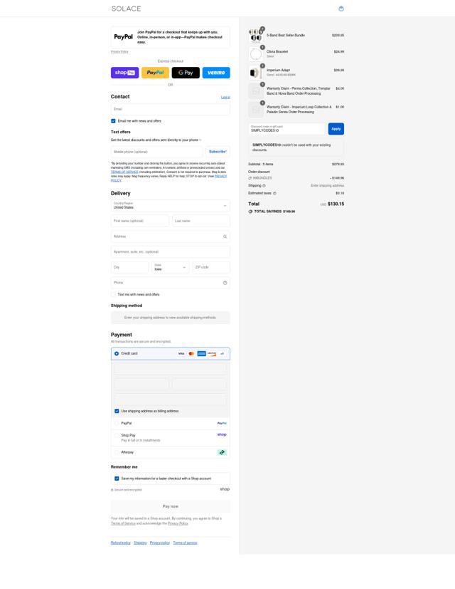 Solace Bands checkout page showing Solace Bands discount code box | Screenshot taken by SimplyCodes community member on Aug 25, 2025
