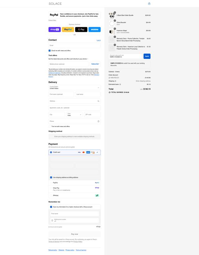 Solace Bands checkout page showing Solace Bands discount code box | Screenshot taken by SimplyCodes community member on Aug 20, 2025