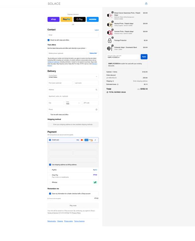 Solace Bands checkout page showing Solace Bands discount code box | Screenshot taken by SimplyCodes community member on Sep 2, 2025