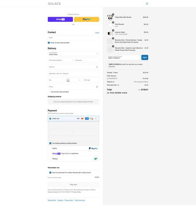 Solace Bands checkout page showing Solace Bands discount code box | Screenshot taken by SimplyCodes community member on Aug 3, 2025