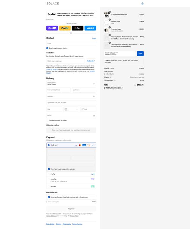 Solace Bands checkout page showing Solace Bands discount code box | Screenshot taken by SimplyCodes community member on Aug 15, 2025