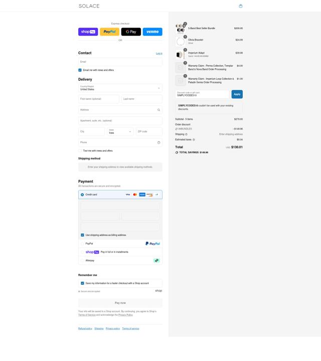 Solace Bands checkout page showing Solace Bands discount code box | Screenshot taken by SimplyCodes community member on Jul 30, 2025