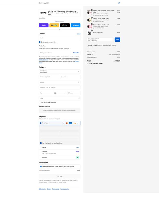 Solace Bands checkout page showing Solace Bands discount code box | Screenshot taken by SimplyCodes community member on Sep 6, 2025