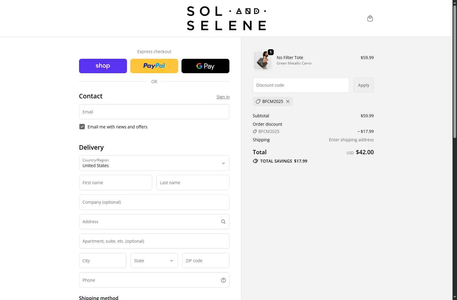 Sol and Selene checkout page showing Sol and Selene discount code box | Screenshot taken by SimplyCodes community member on Nov 26, 2025
