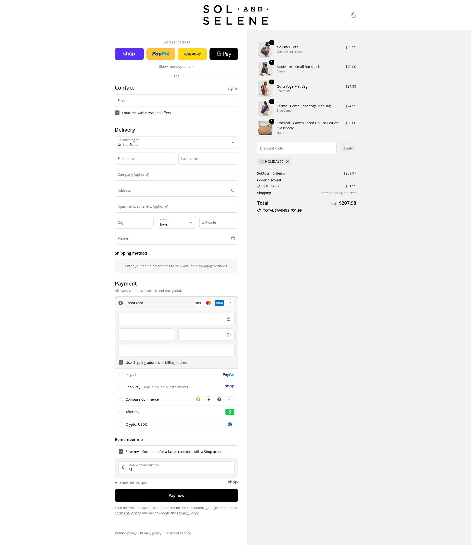 Sol and Selene checkout page showing Sol and Selene discount code box | Screenshot taken by SimplyCodes community member on Nov 18, 2025