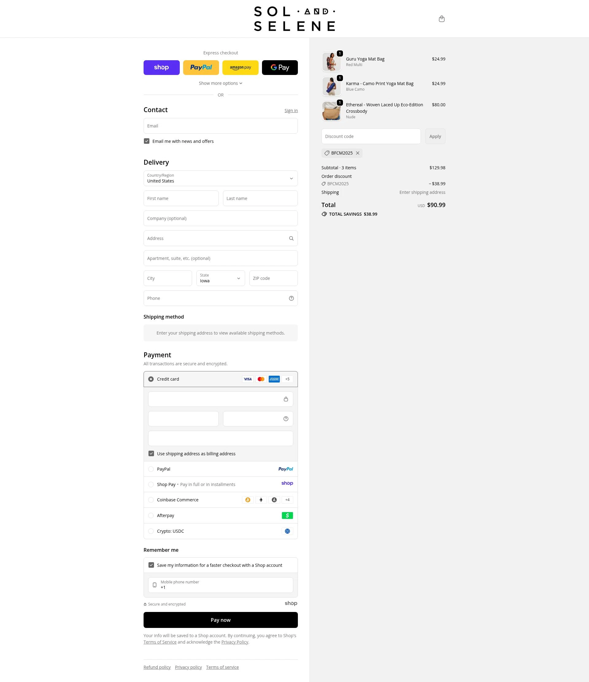 Sol and Selene checkout page showing Sol and Selene discount code box | Screenshot taken by SimplyCodes community member on Dec 3, 2025