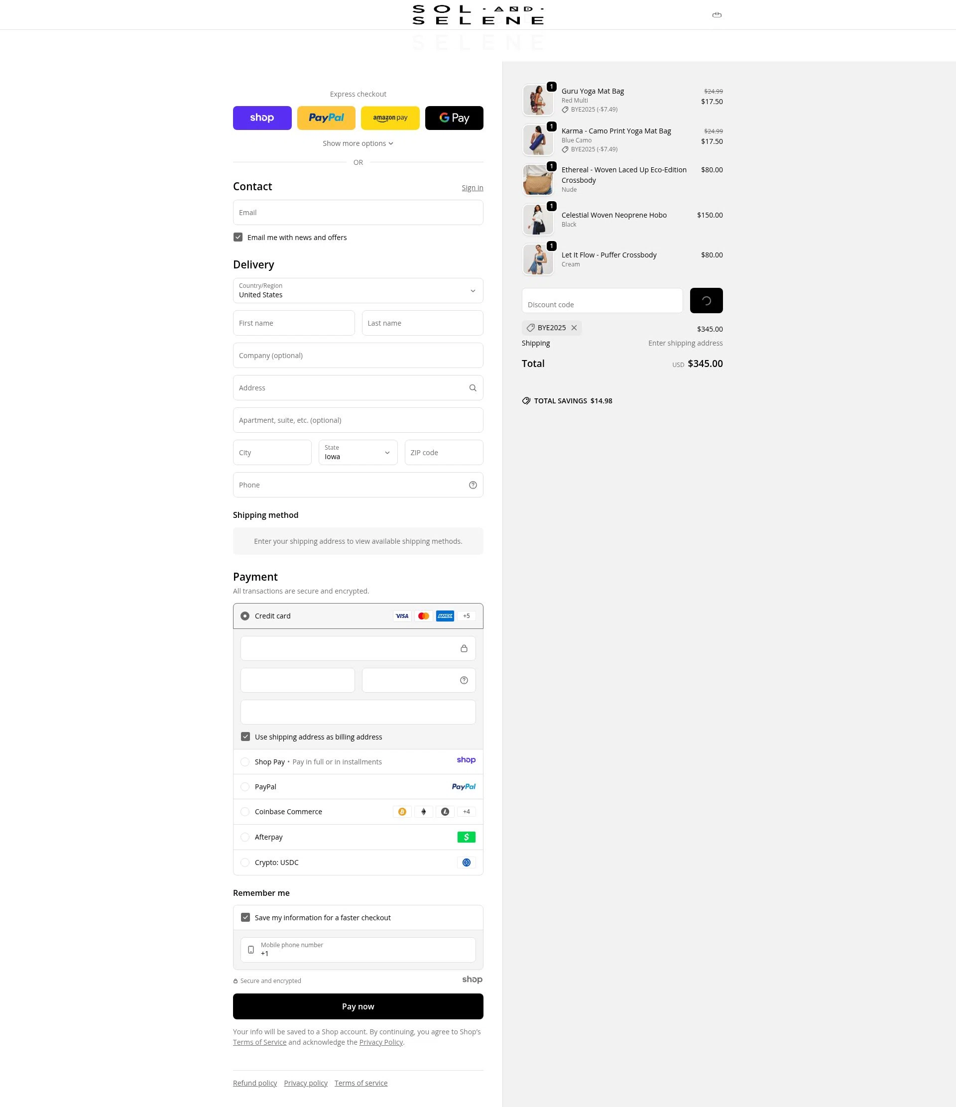 Sol and Selene checkout page showing Sol and Selene discount code box | Screenshot taken by SimplyCodes community member on Jan 1, 2026