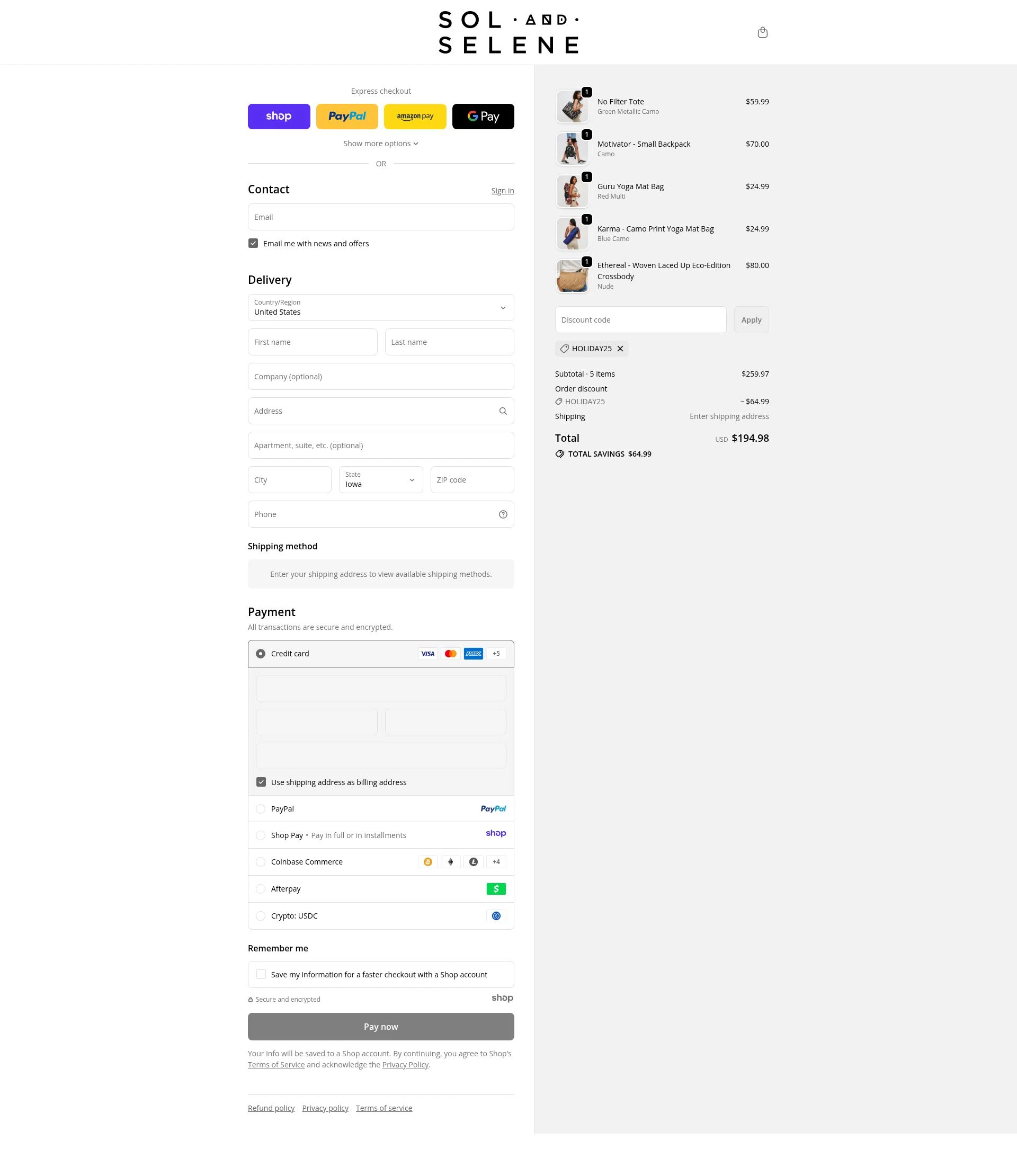 Sol and Selene checkout page showing Sol and Selene discount code box | Screenshot taken by SimplyCodes community member on Nov 18, 2025