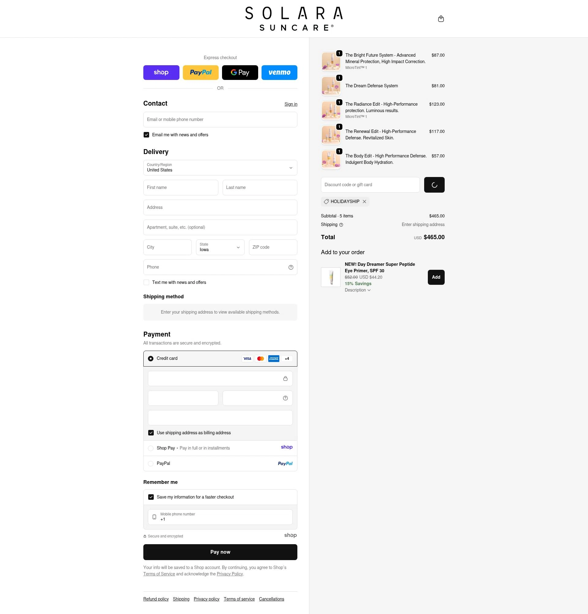 Solara Suncare checkout page showing Solara Suncare discount code box | Screenshot taken by SimplyCodes community member on Dec 23, 2025