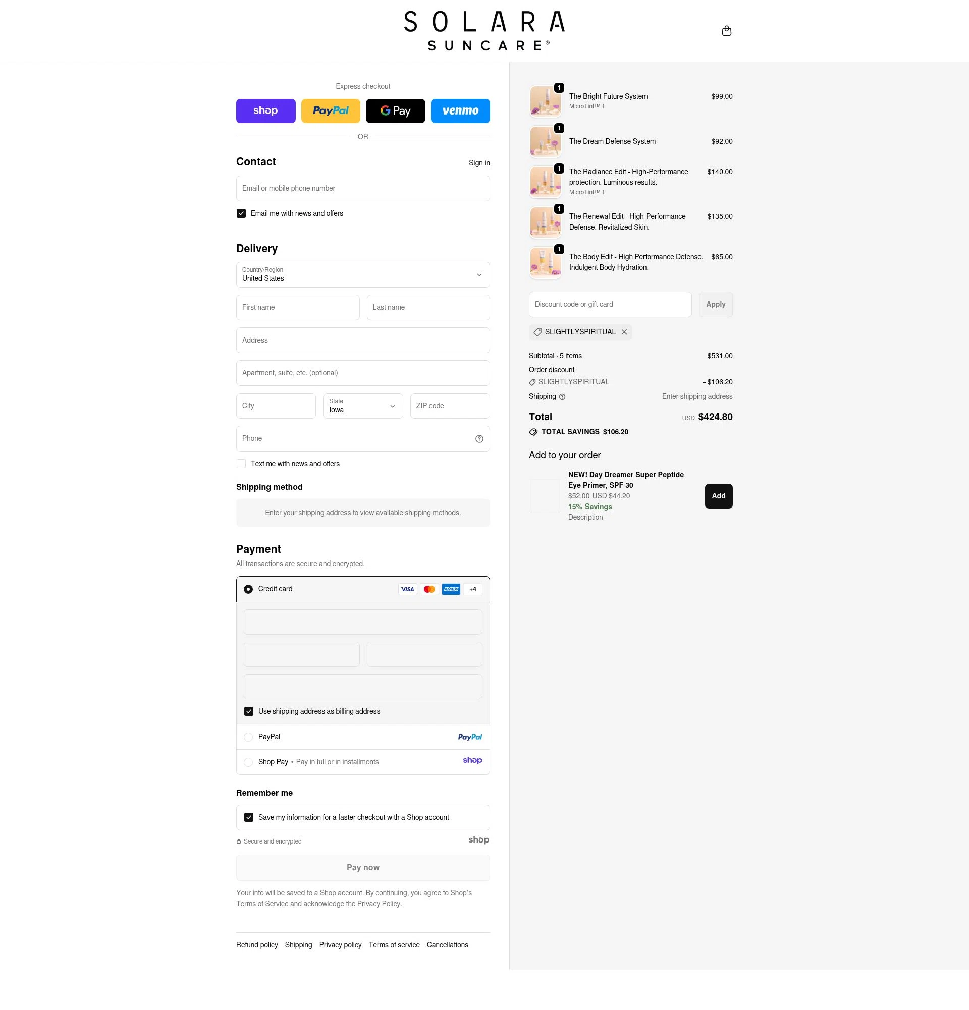 Solara Suncare checkout page showing Solara Suncare discount code box | Screenshot taken by SimplyCodes community member on Nov 9, 2025