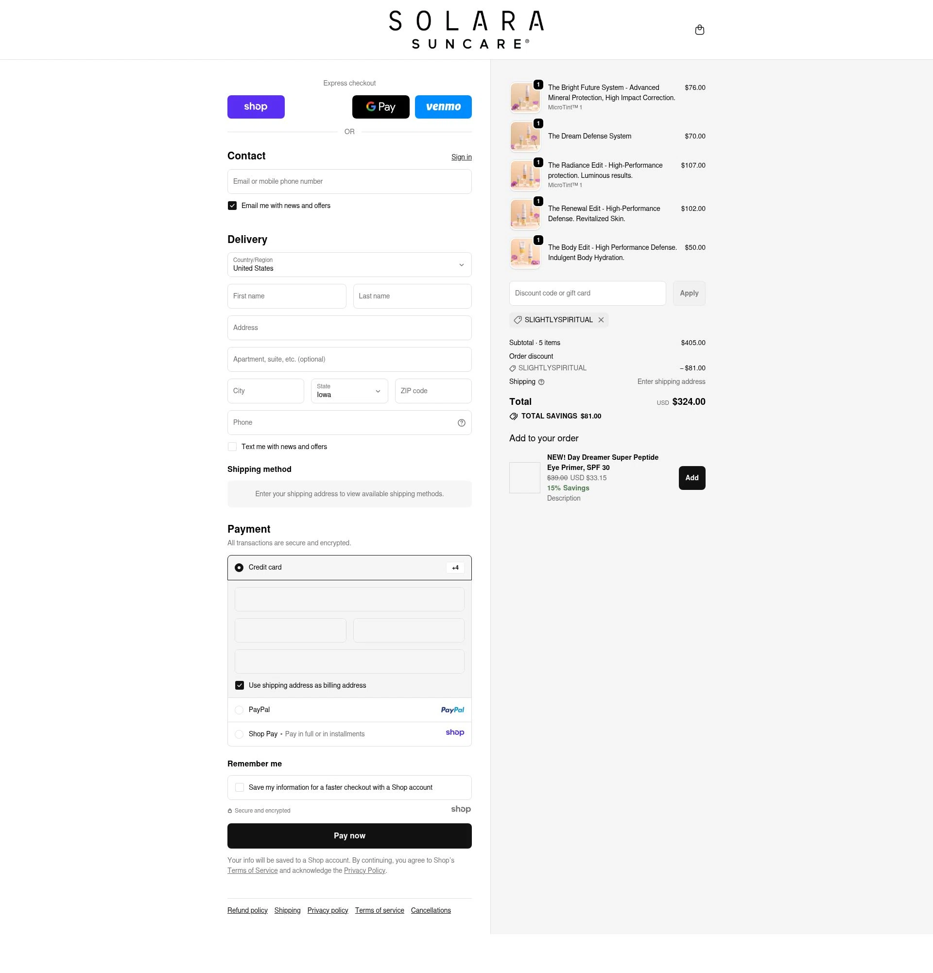 Solara Suncare checkout page showing Solara Suncare discount code box | Screenshot taken by SimplyCodes community member on Nov 24, 2025