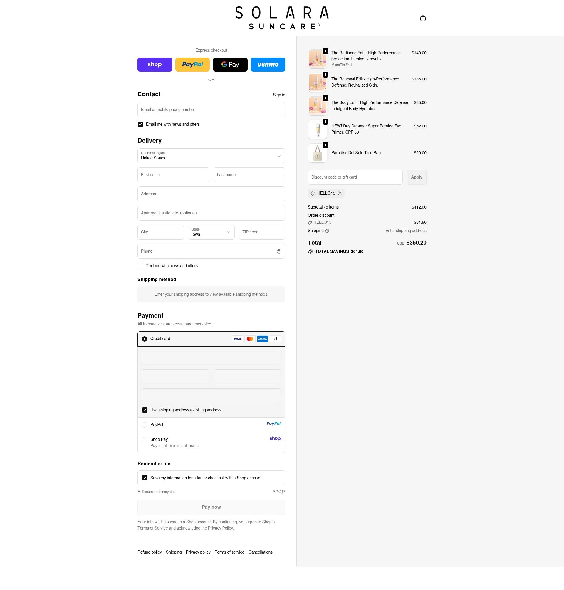 Solara Suncare checkout page showing Solara Suncare discount code box | Screenshot taken by SimplyCodes community member on Oct 27, 2025