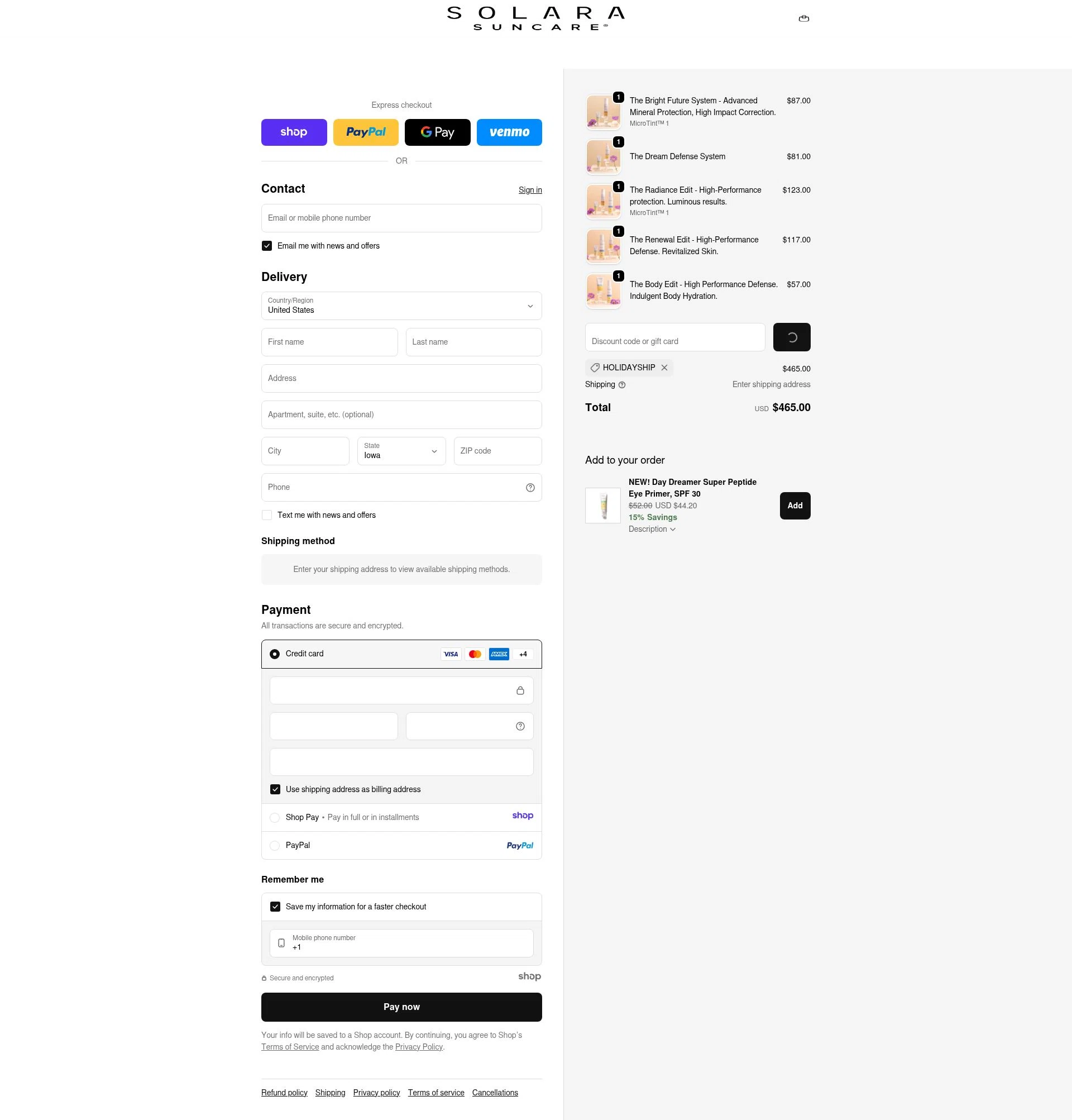 Solara Suncare checkout page showing Solara Suncare discount code box | Screenshot taken by SimplyCodes community member on Dec 28, 2025