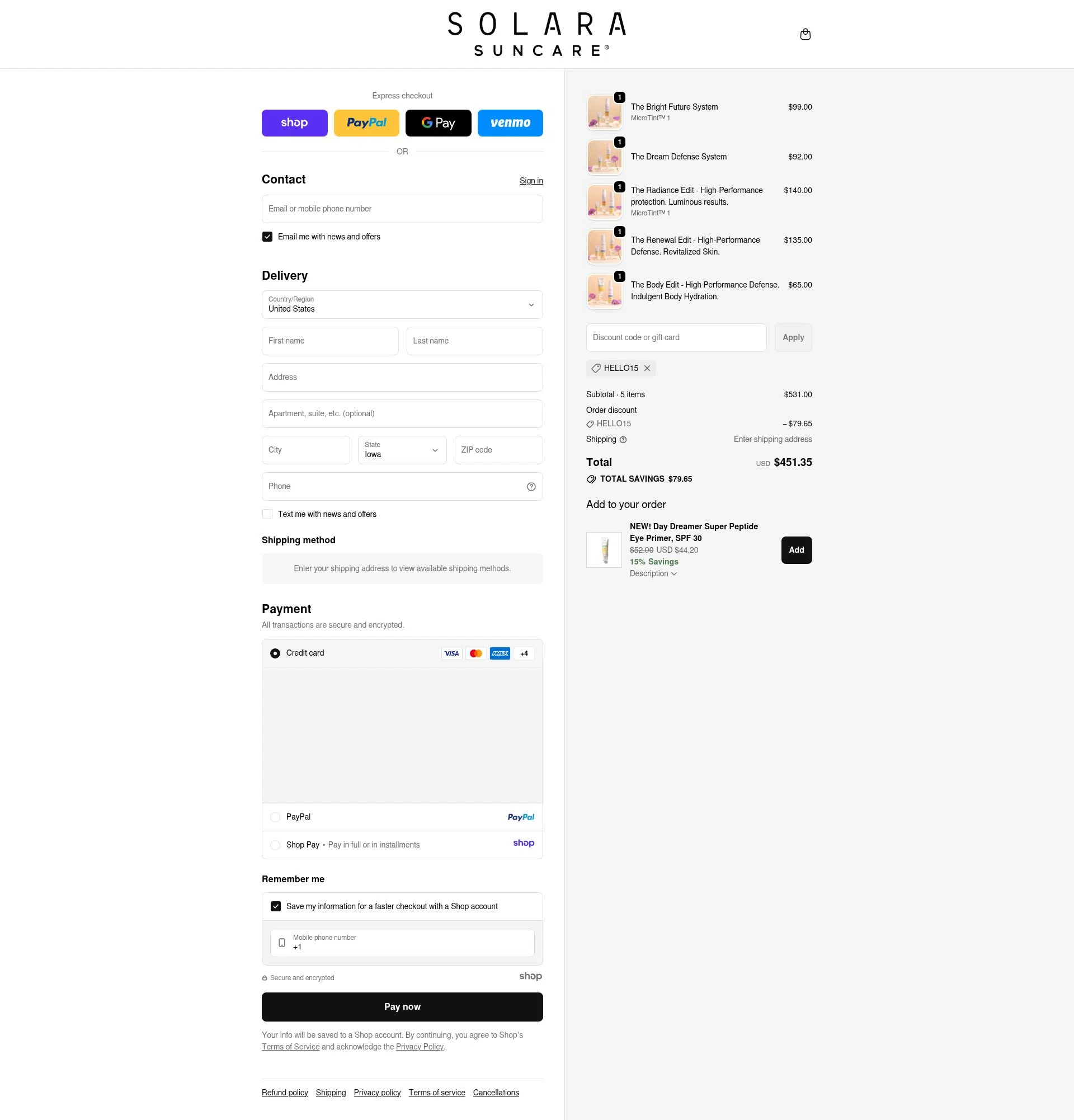 Solara Suncare checkout page showing Solara Suncare discount code box | Screenshot taken by SimplyCodes community member on Nov 9, 2025